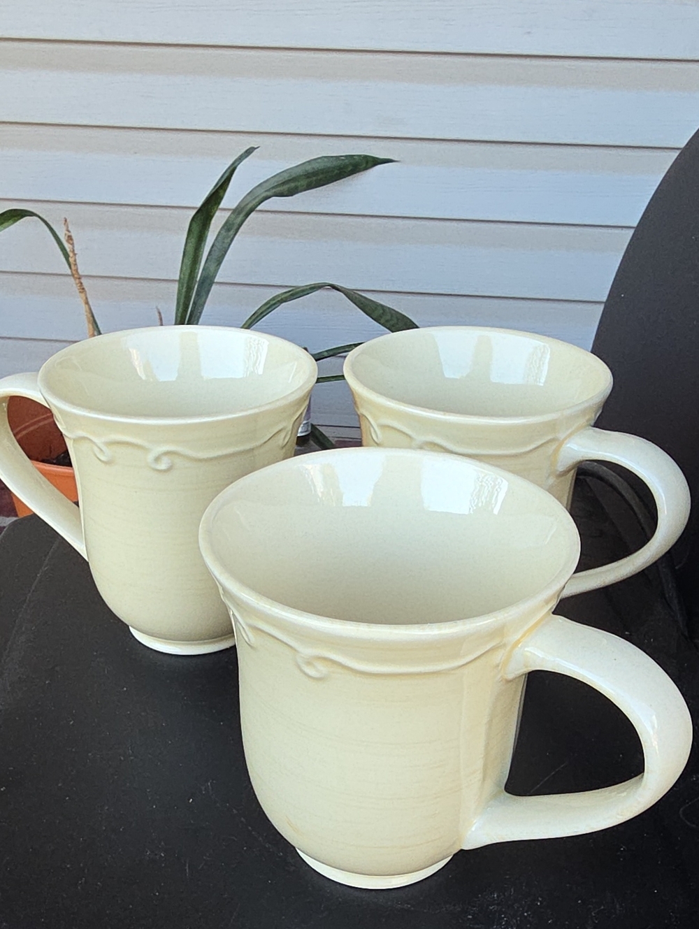 Vintage, Corningware Cream Ceramic Mugs with Subtle Scroll Detail - Set of 3
